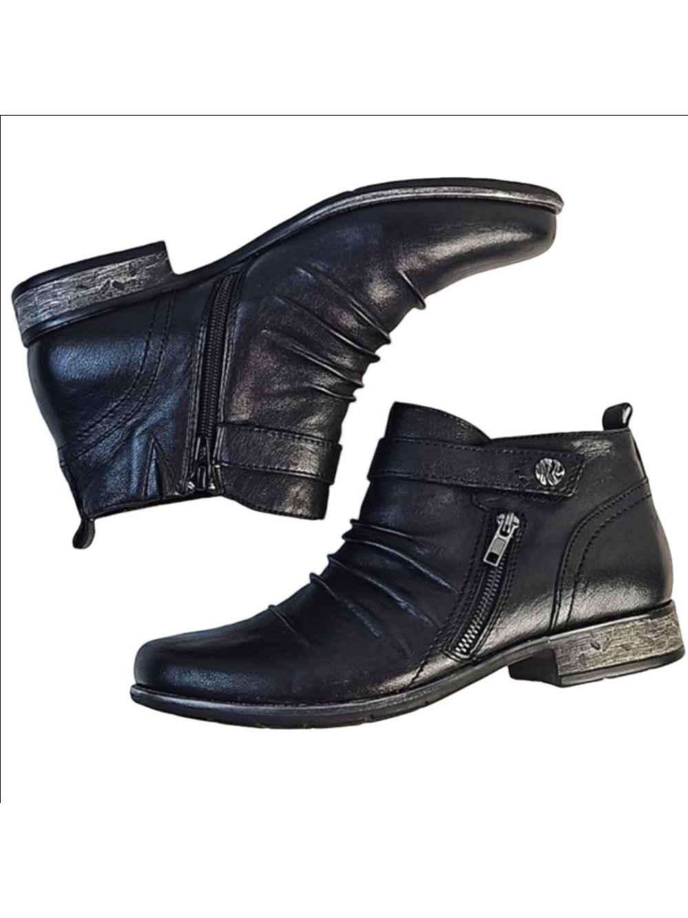 Earth Power Path Brook Black Leather Rouched Round Toe Side Zip Comfort Bootie
